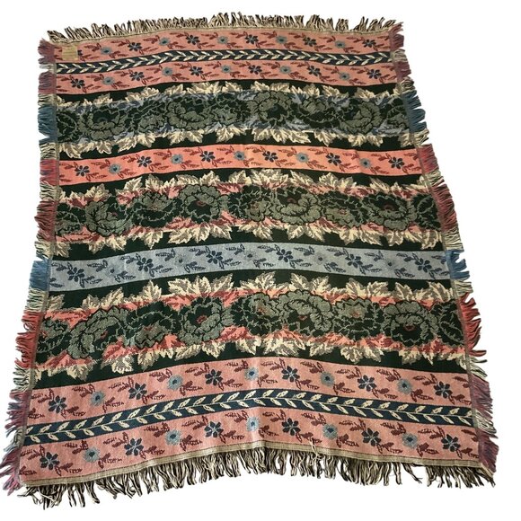 Vintage Woven Floral & Stripe Tapestry Throw Blanket 57"x 49" Fringed Edges - Picture 1 of 4